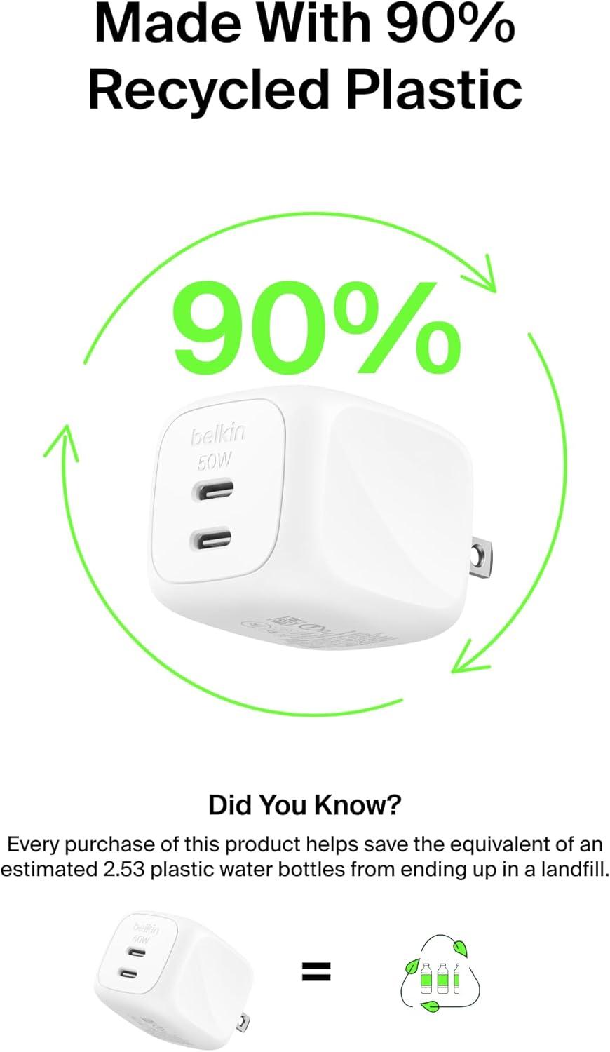 imageBelkin 2Port USB C Charger Block 50W DualPort GaN Charger w 2X USB C Ports amp Included 1M CC Cable Fast Charging for MacBook iPhone iPad Chromebook Galaxy Pixel Travel Essentials WhiteSingle Pack USBC Cable