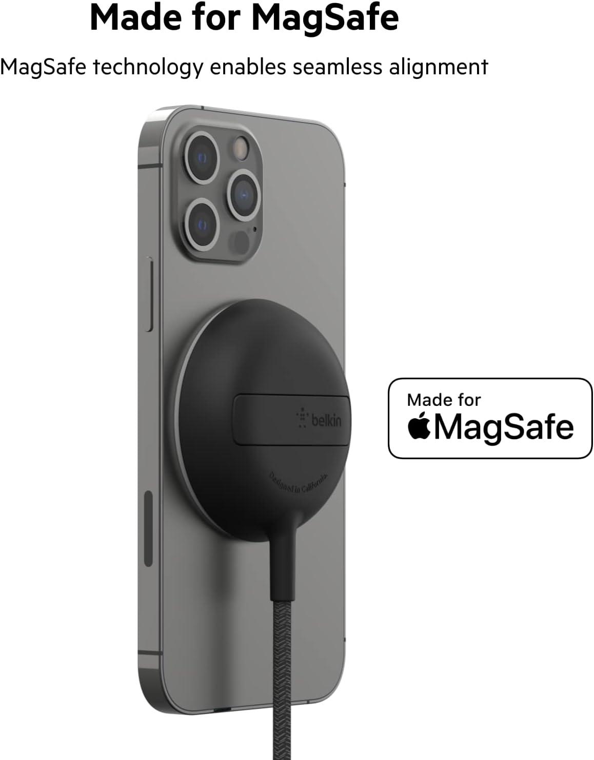 imageBelkin Magnetic Wireless Charging Pad Qi2 15W wKickstand MagSafeCompatible Qi2Certified Wireless Charger for iPhone 17 Series Samsung Galaxy S25 Series AirPods No PSU BlackWithout Power Supply