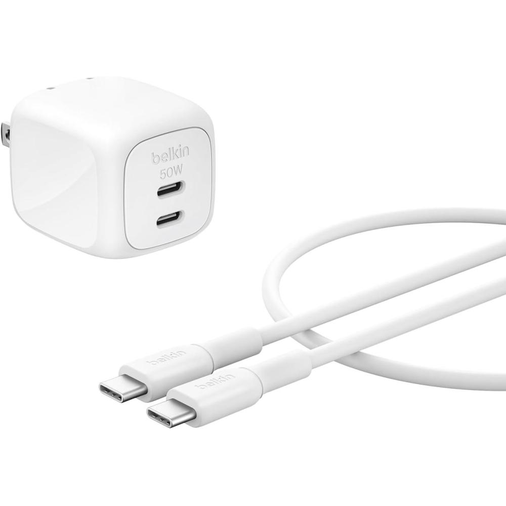 imageBelkin 2Port USB C Charger Block 50W DualPort GaN Charger w 2X USB C Ports amp Included 1M CC Cable Fast Charging for MacBook iPhone iPad Chromebook Galaxy Pixel Travel Essentials WhiteSingle Pack USBC Cable