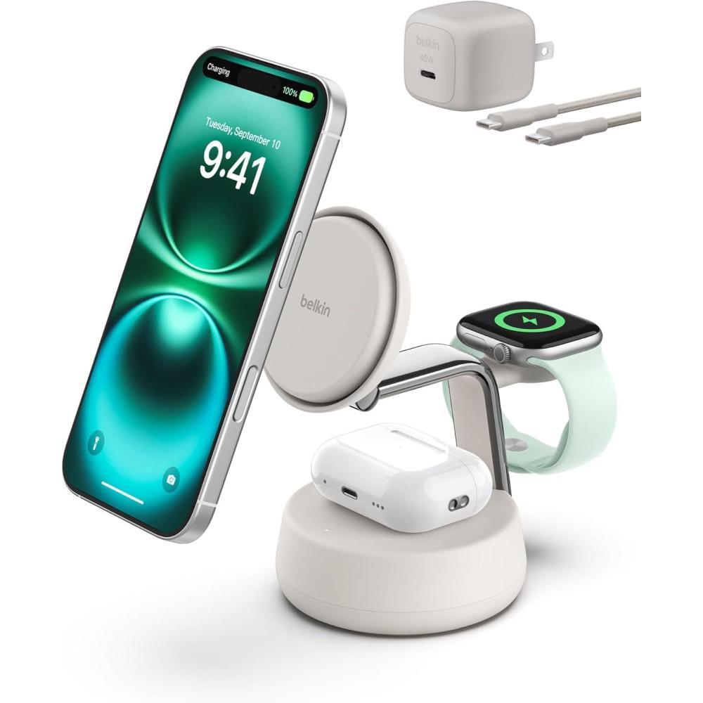 imageBelkin MagSafe Charger Compatible 3in1 Charging Station Qi22 25W wCooling Fan OnOff Control Magnetic Wireless Charger for iPhone 17 Apple Watch AirPods Pixel 10 45W Adapter IncludedSand