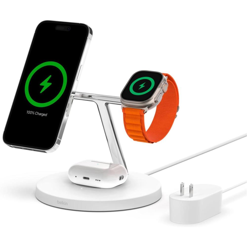 imageBelkin MagSafeCompatible Charger 3in1 Wireless Charging Station Qi2Certified 15W Wireless Charge for Apple iPhone 17 Series Apple Watch AirPods wNonSlip Base 40W Included  BlackWhite