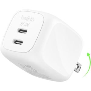 Belkin 2-Port USB C Charger Block 50W, Dual-Port GaN Charger w/ 2X USB C Ports & Included 1M C-C Cable, Fast Charging for MacBook, iPhone, iPad, Chromebook, Galaxy, Pixel – Travel Essentials – White(Single Pack)