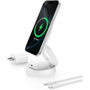 Belkin MagSafe Charger Compatible, 3-in-1 Qi2 15W Wireless Charging Station, Convertible Wireless Charger for iPhone 17, Apple Watch, AirPods, Pixel 10, Phone Stand for Travel w/ 36W Adapter – White(White)