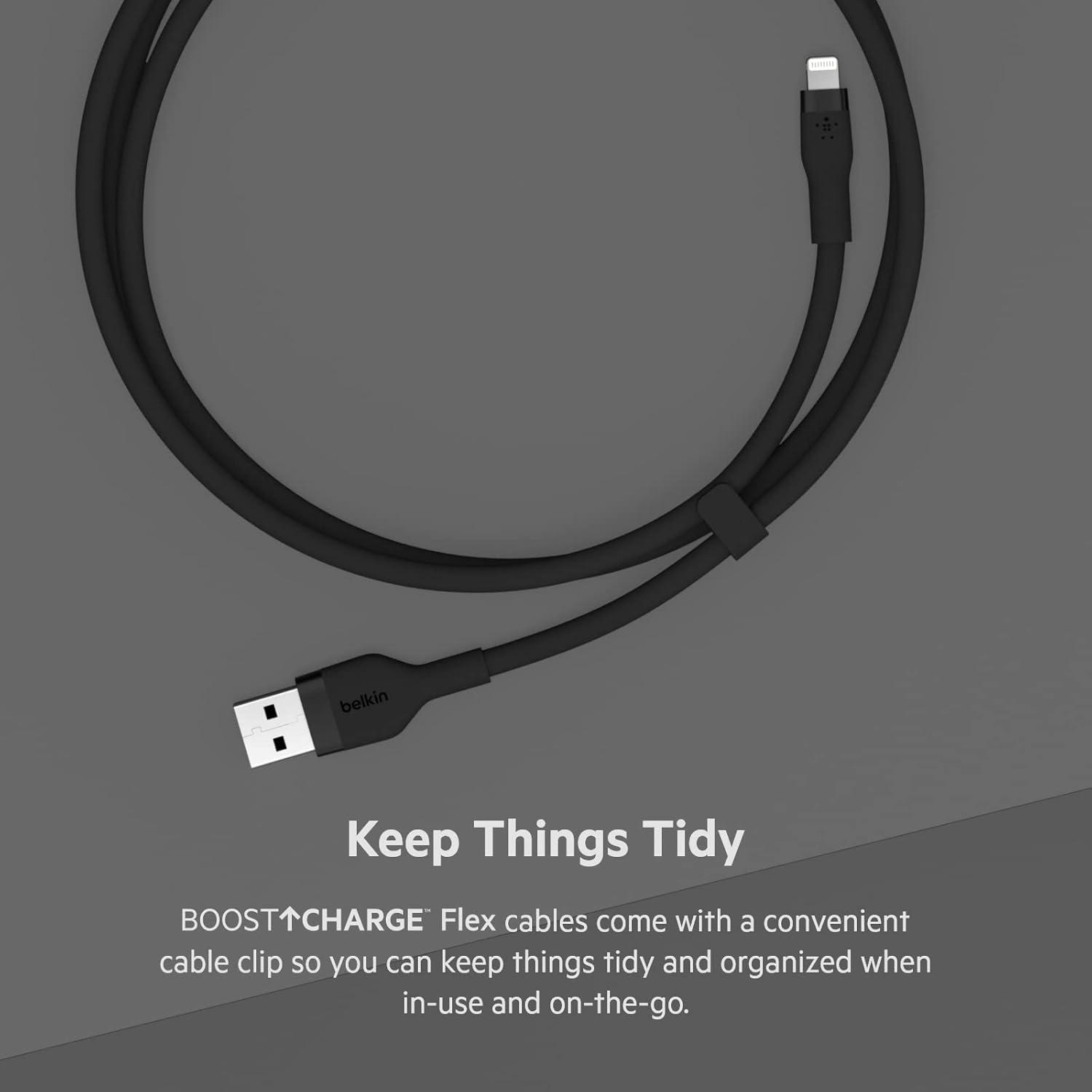 imageBelkin BoostCharge Flex Silicone USB Type A to Lightning Cable 2M66FT MFi Certified Charging Cable for iPhone 13 12 11 Pro Max Mini SE iPad and More 2pack BlackBlack