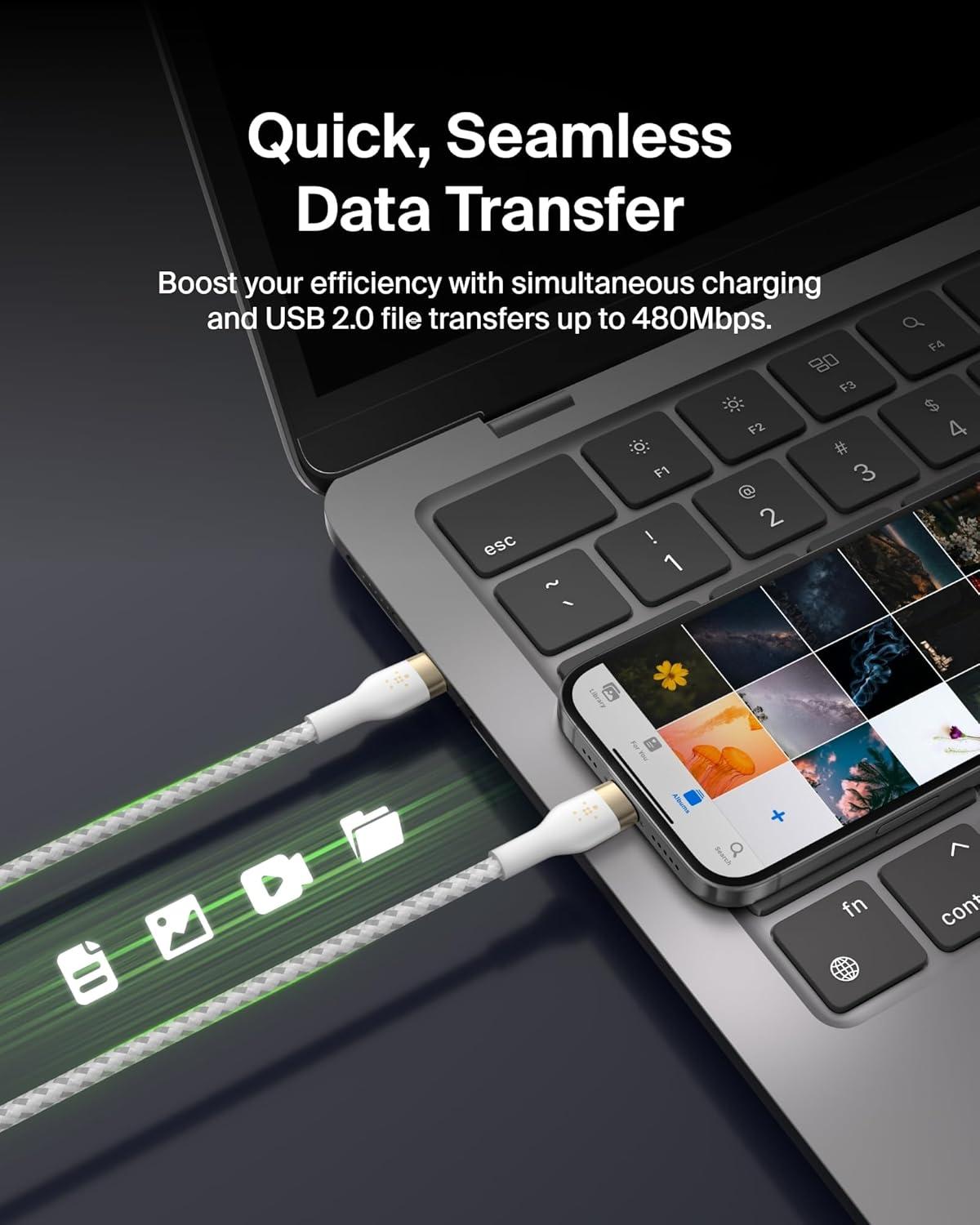 imageBelkin BoostCharge Pro Flex Braided USBC to USBC Charger Cable 2M66FT USBIF Fast Charging Cable for iPhone 16 Series MacBook Pro iPad Pro Galaxy S25 S24 Nintendo Switch 2 amp More WhiteWhite