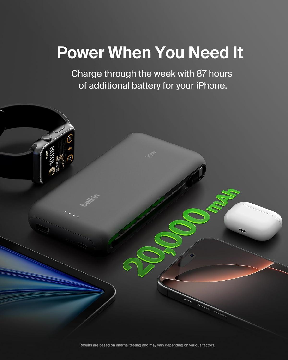 imageBelkin Portable Charger Power Bank 10000 mAh wIntegrated Cable 20W Fast Charge USBC Power Delivery iPhone Charger Apple iPhone 17 Air Pro Pro Max iPad Samsung Galaxy S25 amp More BlackBlack