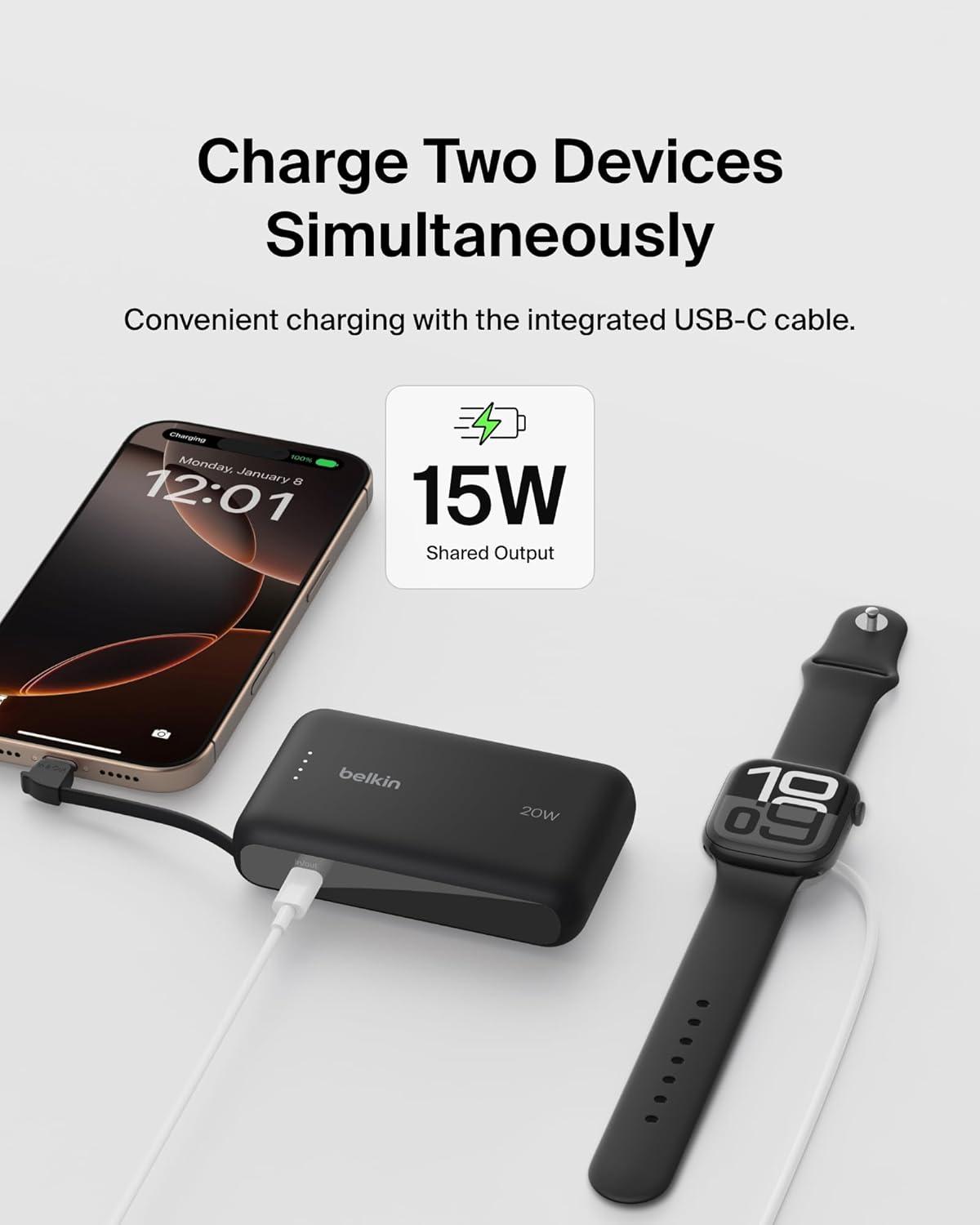 imageBelkin Portable Charger Power Bank 10000 mAh wIntegrated Cable 20W Fast Charge USBC Power Delivery iPhone Charger Apple iPhone 17 Air Pro Pro Max iPad Samsung Galaxy S25 amp More BlackBlack