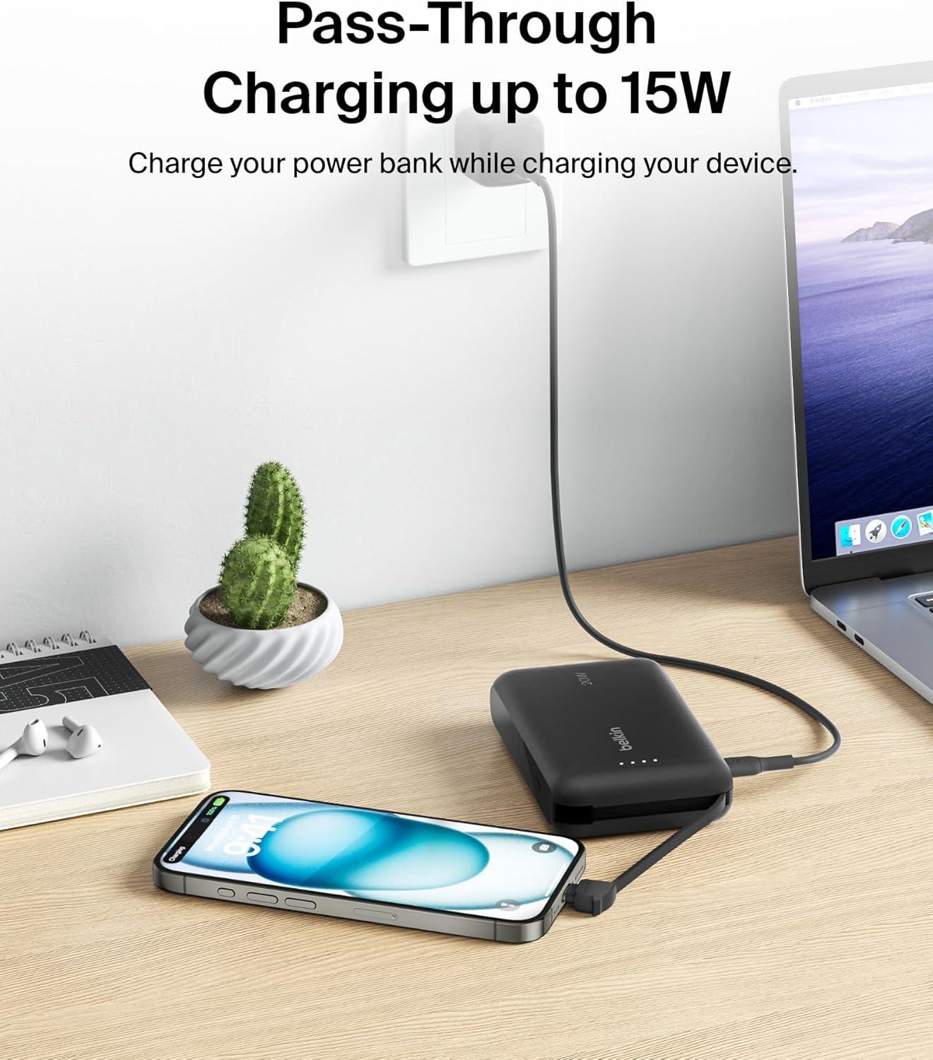 imageBelkin Portable Charger Power Bank 10000 mAh wIntegrated Cable 20W Fast Charge USBC Power Delivery iPhone Charger Apple iPhone 17 Air Pro Pro Max iPad Samsung Galaxy S25 amp More BlackBlack