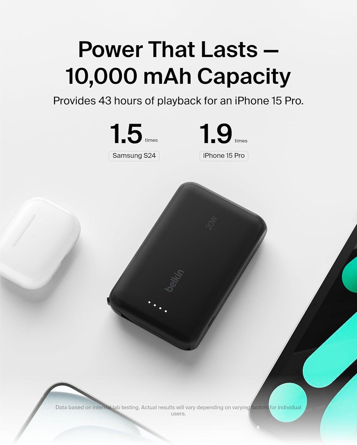 imageBelkin Portable Charger Power Bank 10000 mAh wIntegrated Cable 20W Fast Charge USBC Power Delivery iPhone Charger Apple iPhone 17 Air Pro Pro Max iPad Samsung Galaxy S25 amp More BlackBlack