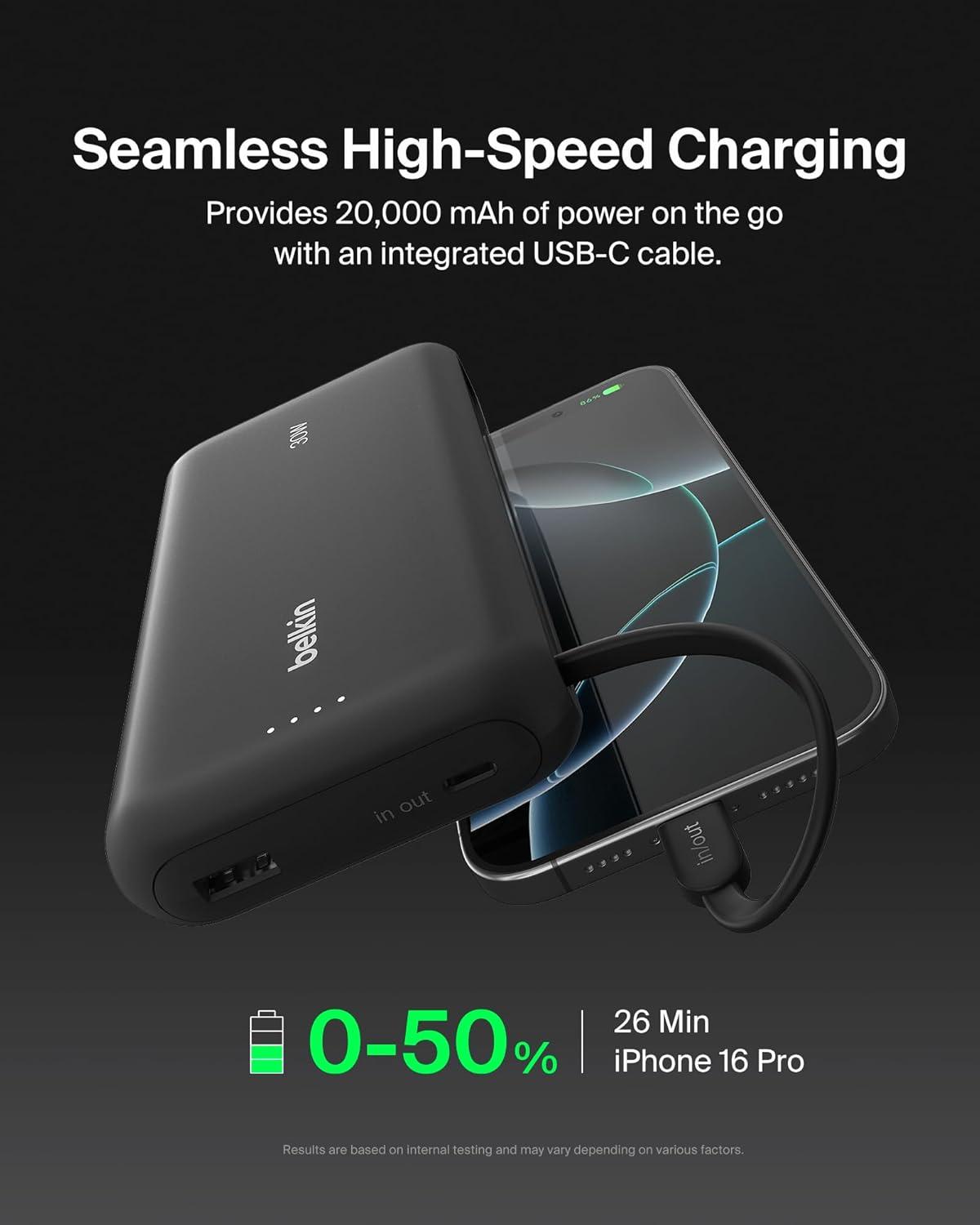 imageBelkin Portable Charger Power Bank 10000 mAh wIntegrated Cable 20W Fast Charge USBC Power Delivery iPhone Charger Apple iPhone 17 Air Pro Pro Max iPad Samsung Galaxy S25 amp More BlackBlack