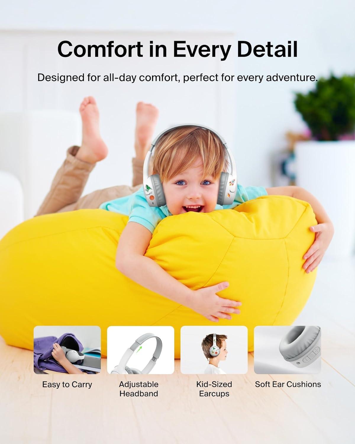 imageBelkin SoundForm Mini Wireless Bluetooth Kids Headphones 30H Battery 85dB Safe Volume Limit Builtin Microphone Toddler OnEar Earphones for iPhone iPad Fire Tablet Ideal for School BlueWhite