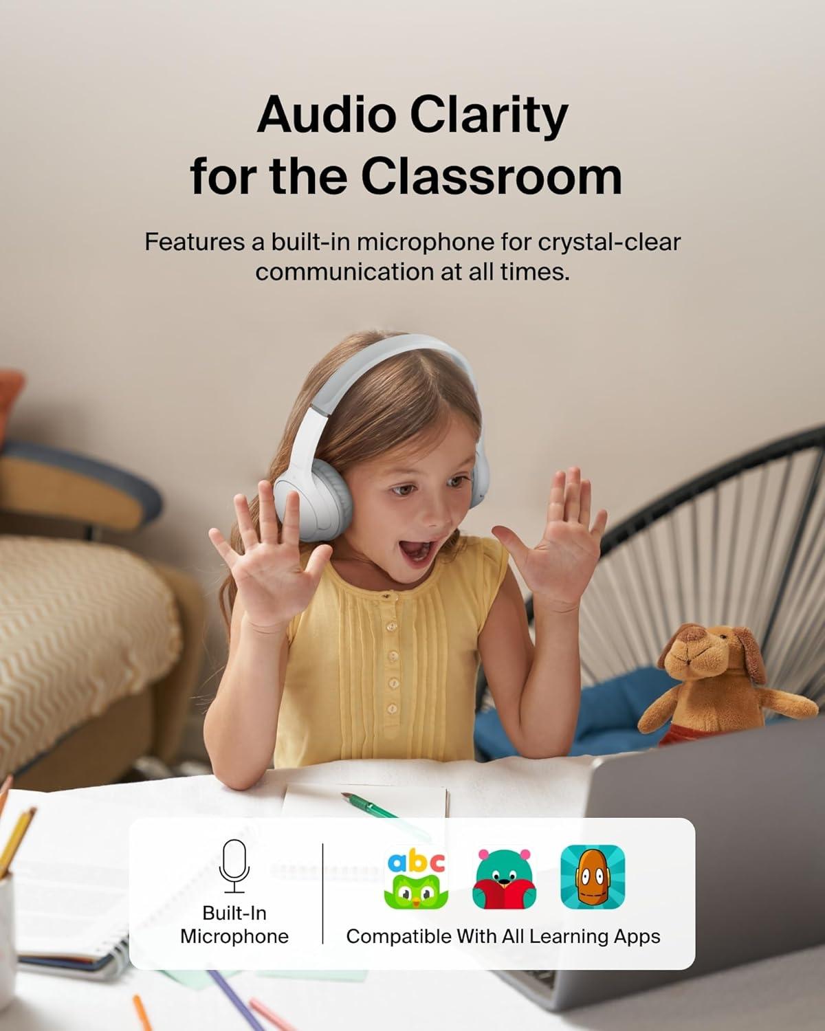 imageBelkin SoundForm Mini Wireless Bluetooth Kids Headphones 30H Battery 85dB Safe Volume Limit Builtin Microphone Toddler OnEar Earphones for iPhone iPad Fire Tablet Ideal for School BlueWhite