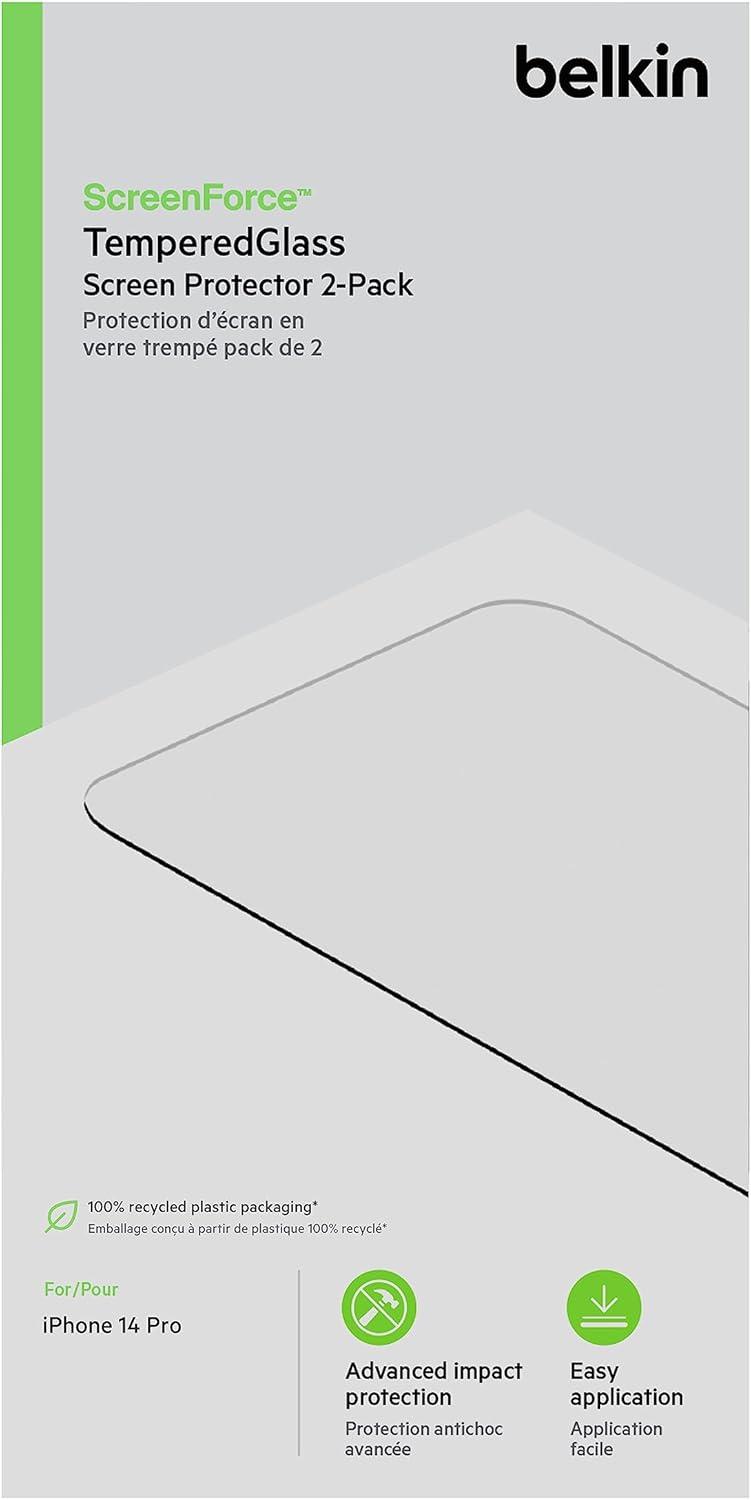 imageBelkin 2 Pack TemperedGlass iPhone 14 Plus 13 Pro Max Screen Protector Easy Bubble Free Application with Included Installation Guide Stickers 9H Hardness TestediPhone 14 Pro