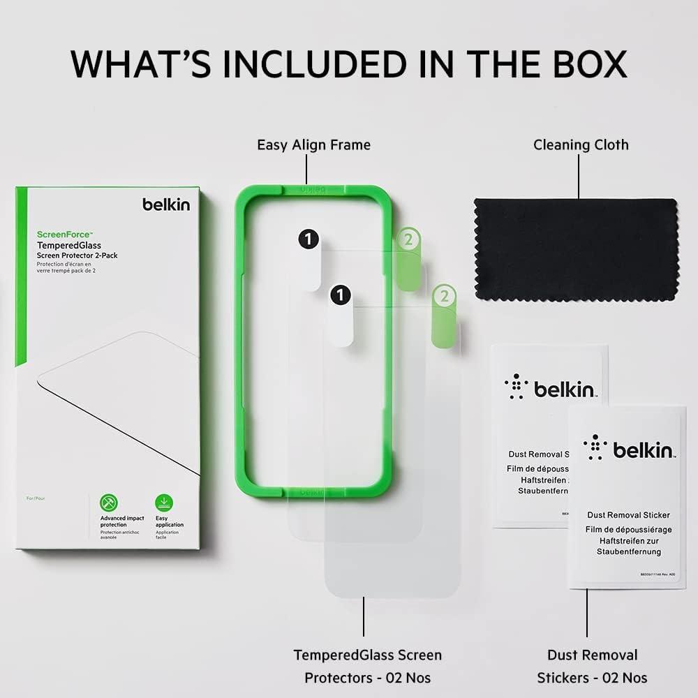 imageBelkin 2 Pack TemperedGlass iPhone 14 Plus 13 Pro Max Screen Protector Easy Bubble Free Application with Included Installation Guide Stickers 9H Hardness TestediPhone 14 13 13 Pro