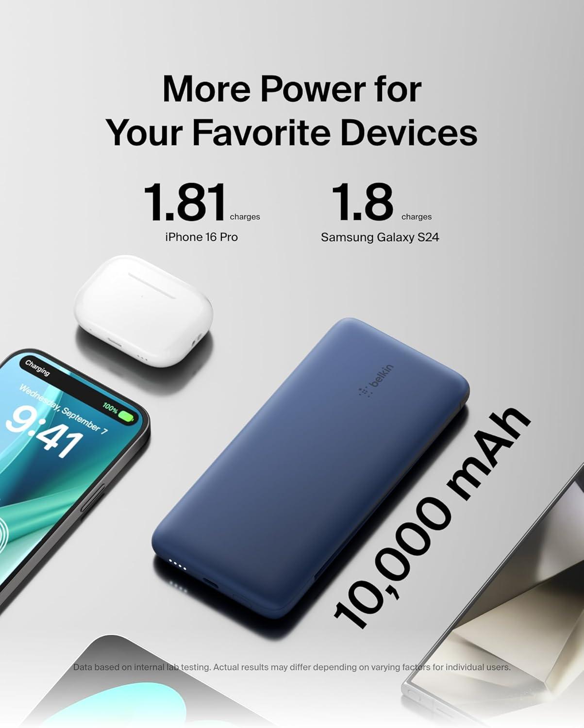 imageBelkin Portable Charger Power Bank for iPhoneAndroid 10000mAh 23W Battery Pack for Phone with Integrated USBC Lightning Cables PassThrough Capability Charge 2 Devices at OnceBlue