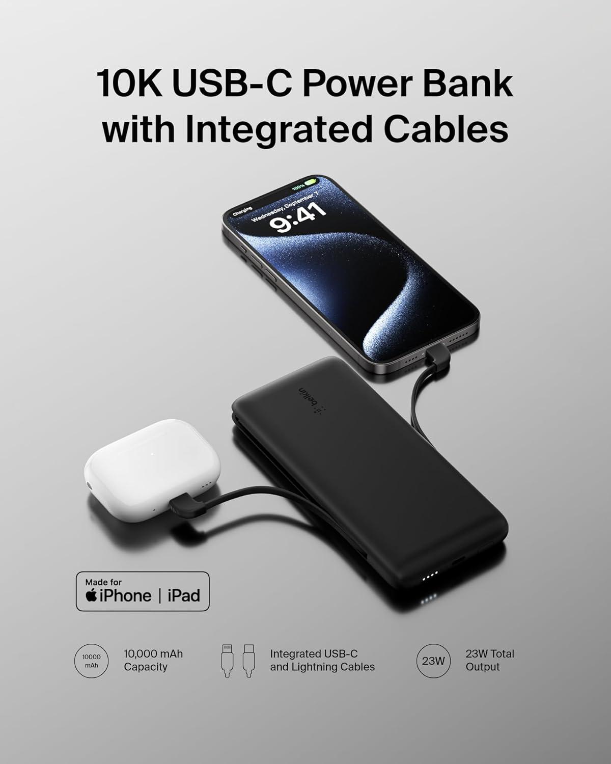 imageBelkin Portable Charger Power Bank for iPhoneAndroid 10000mAh 23W Battery Pack for Phone with Integrated USBC Lightning Cables PassThrough Capability Charge 2 Devices at OnceBlack