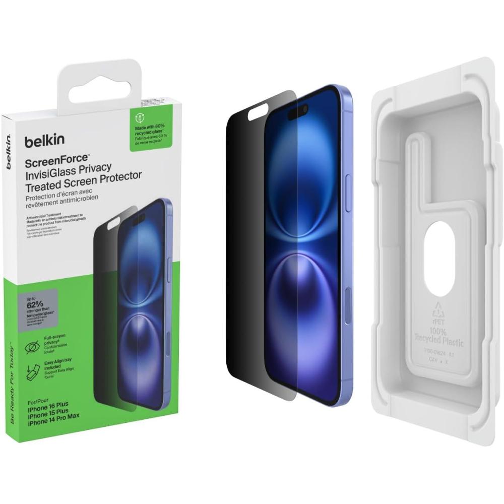 imageBelkin ScreenForce TemperedGlass Treated Screen Protector for iPhone 16 Pro  Slim amp ScratchResistant  Includes Easy Align Frame for Bubble Free Application  2PackiPhone 16 Plus