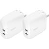 Belkin Dual USB C Charger Block 65W, Super Fast Charging PD 3.0 w/GaN – Samsung Galaxy S25, Apple iPhone 17, Air, Pro, Pro Max, iPad, MacBook, AirPods, Apple Watch, & More – Black(60W White 2-pack)