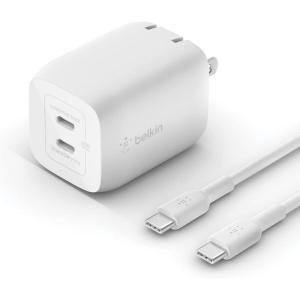 Belkin Dual USB C Charger Block 65W, Super Fast Charging PD 3.0 w/GaN – Samsung Galaxy S25, Apple iPhone 17, Air, Pro, Pro Max, iPad, MacBook, AirPods, Apple Watch, & More – Black(65W White + USB-C Cable)