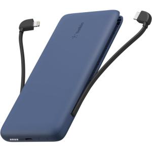 Belkin Portable Charger Power Bank for iPhone/Android – 10,000mAh, 23W Battery Pack for Phone with Integrated USB-C, Lightning Cables – Pass-Through Capability, Charge 2 Devices at Once(Blue)