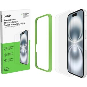 Belkin ScreenForce TemperedGlass Treated Screen Protector for iPhone 16 Pro – Slim & Scratch-Resistant – Includes Easy Align Frame for Bubble Free Application – 2-Pack(iPhone 16/15)
