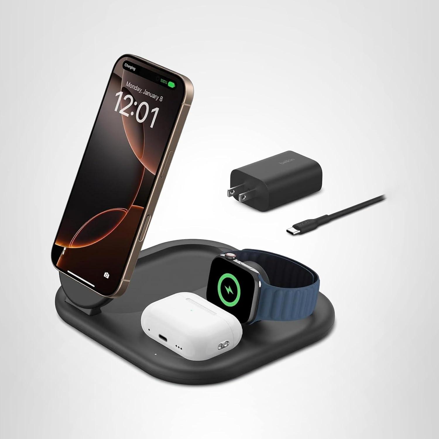 imageBelkin 3in1 MagSafeCompatible iPhone Charger Foldable Magnetic Qi2 Certified MagSafe Charging Station for Phone Apple Watch AirPods Wireless for Multiple DevicesBlack