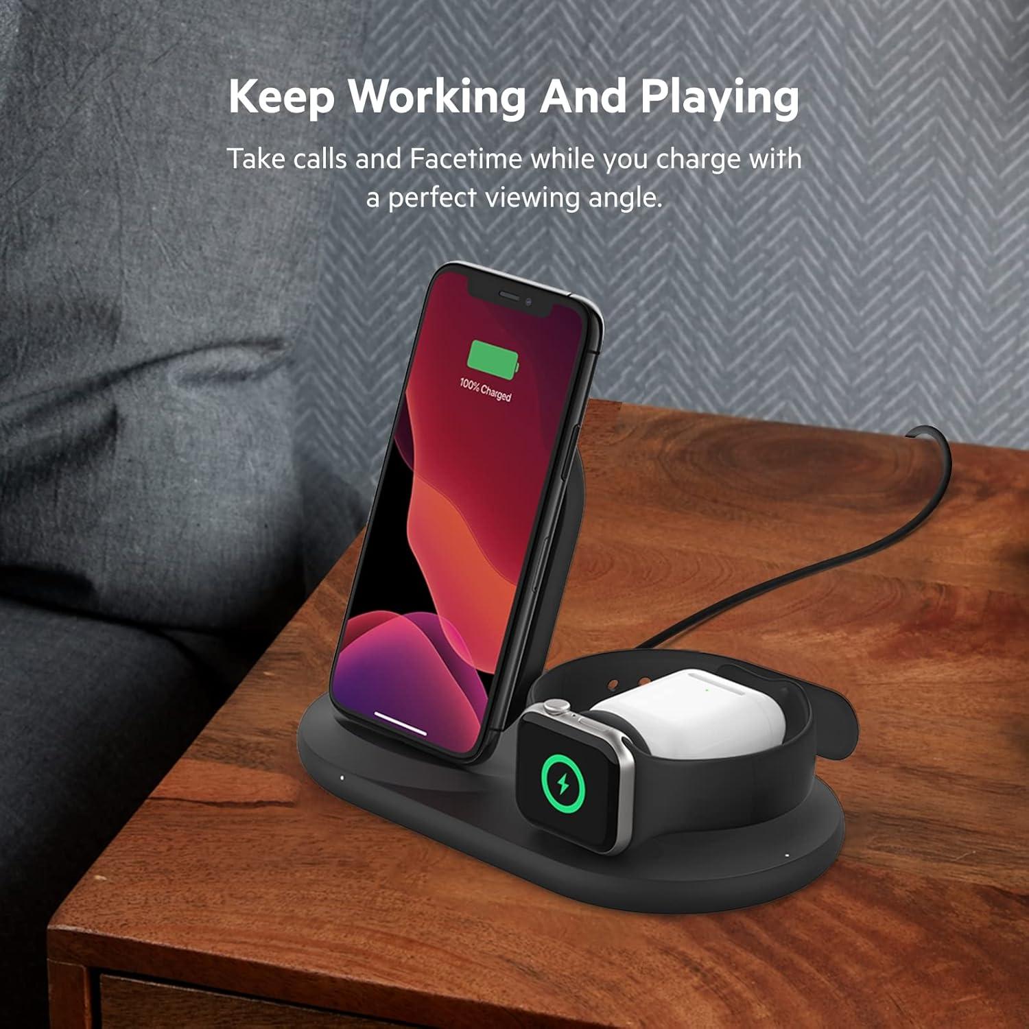 imageBelkin 3in1 Wireless Charger Fast Charging Stand for Apple iPhone Apple Watch amp AirPods Case Compatible Qi Station For Multiple Devices BlackBlack