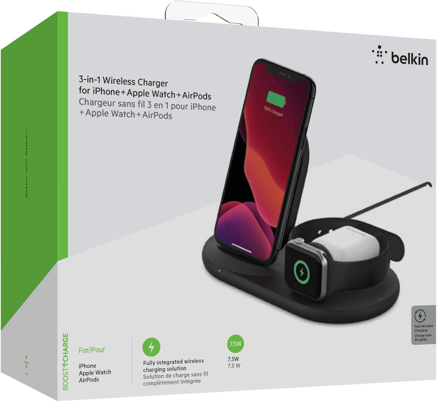 imageBelkin 3in1 Wireless Charger Fast Charging Stand for Apple iPhone Apple Watch amp AirPods Case Compatible Qi Station For Multiple Devices BlackBlack