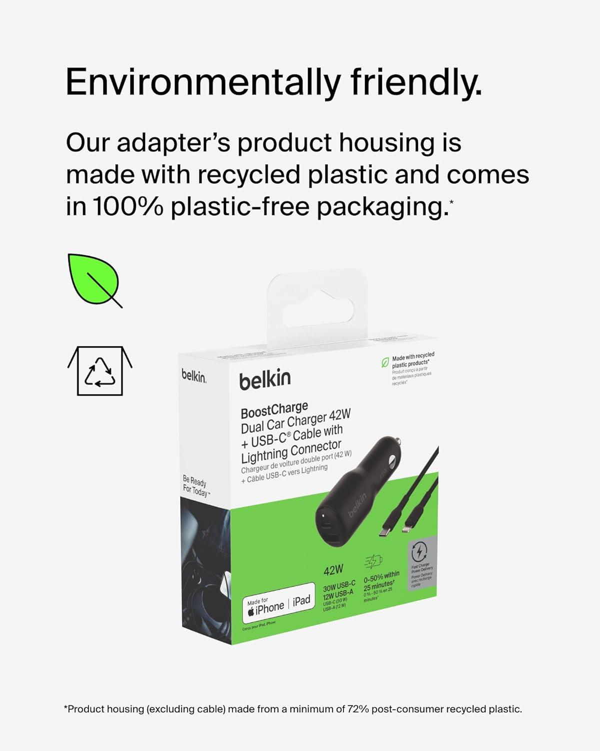 imageBelkin BoostCharge 42Watt Dual Port Fast Car Charger w30W USBC amp 12W USBA Ports for iPhone 16 16 Pro Galaxy S25 S24 Pixel 9 amp 8 Nintendo Switch 2 amp More BlackCar Charger Lightning Cable