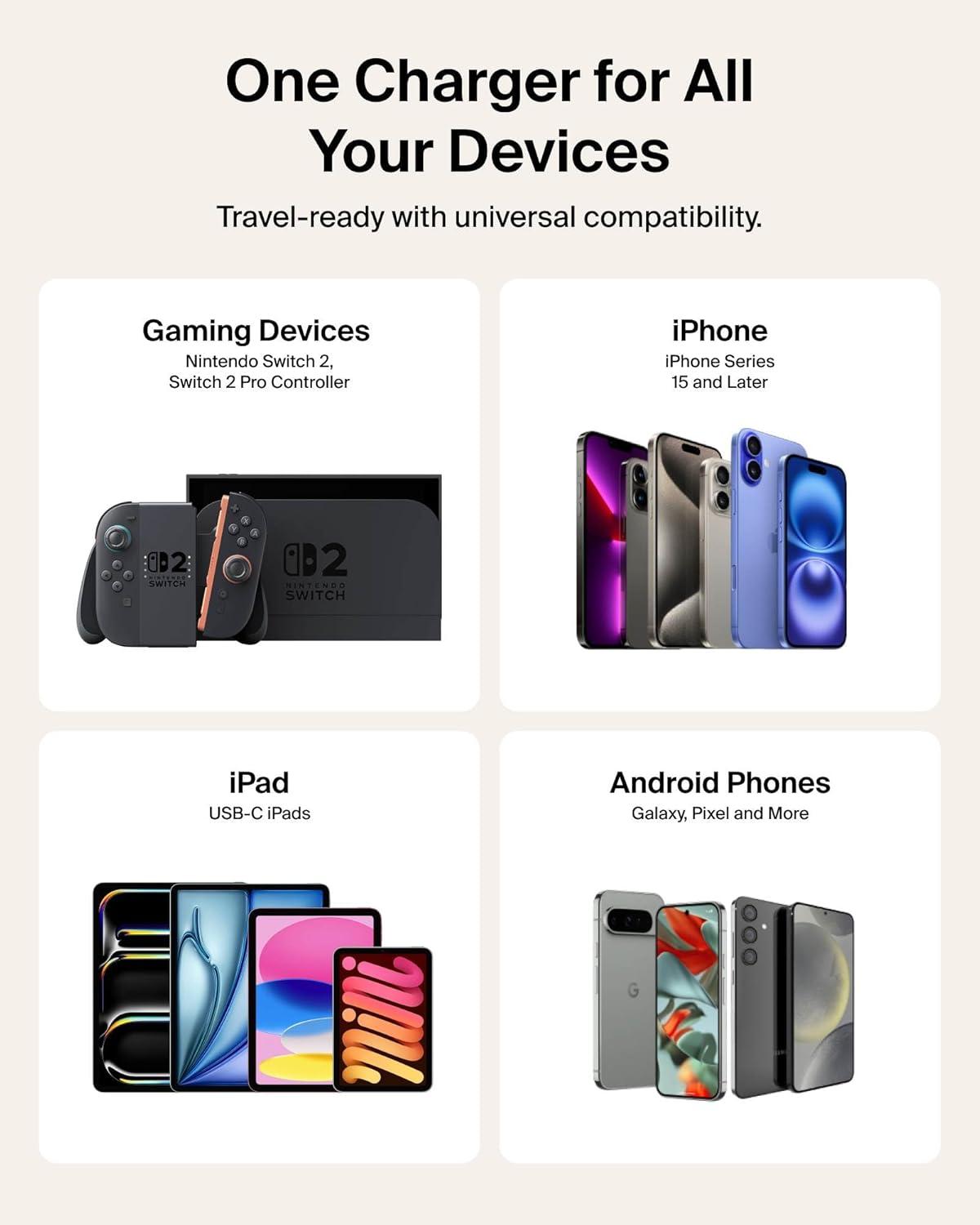 imageBelkin Gaming Dual USB C Charger Block for Nintendo Switch 2 and Pro Controller w 65W GaN Fast Charging Apple iPhone 17 iPad MacBook AirPods Samsung Galaxy S25 Google Pixel 10 amp More BlackCharging Cable