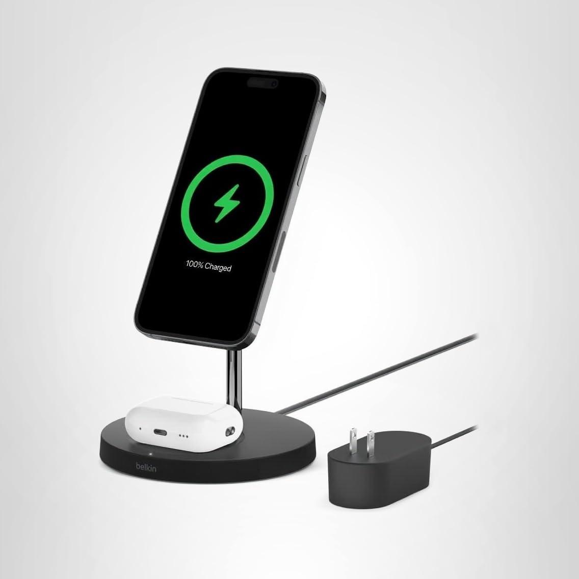 imageBelkin MagSafe 2in1 Wireless Charging Stand for Apple iPhone 16 iPhone 15 iPhone 14 amp iPhone 13 Series amp AirPods MagSafe Fast Charging Station for Multiple Devices WhiteBlack