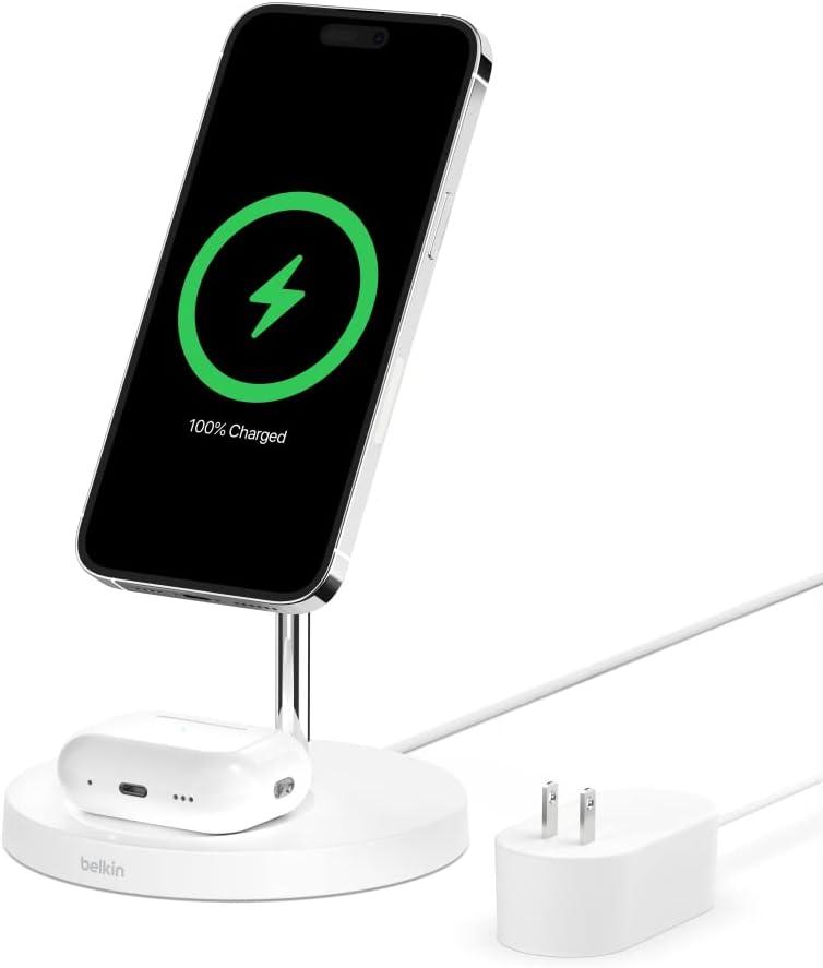 imageBelkin MagSafe 2in1 Wireless Charging Stand for Apple iPhone 16 iPhone 15 iPhone 14 amp iPhone 13 Series amp AirPods MagSafe Fast Charging Station for Multiple Devices WhiteWhite