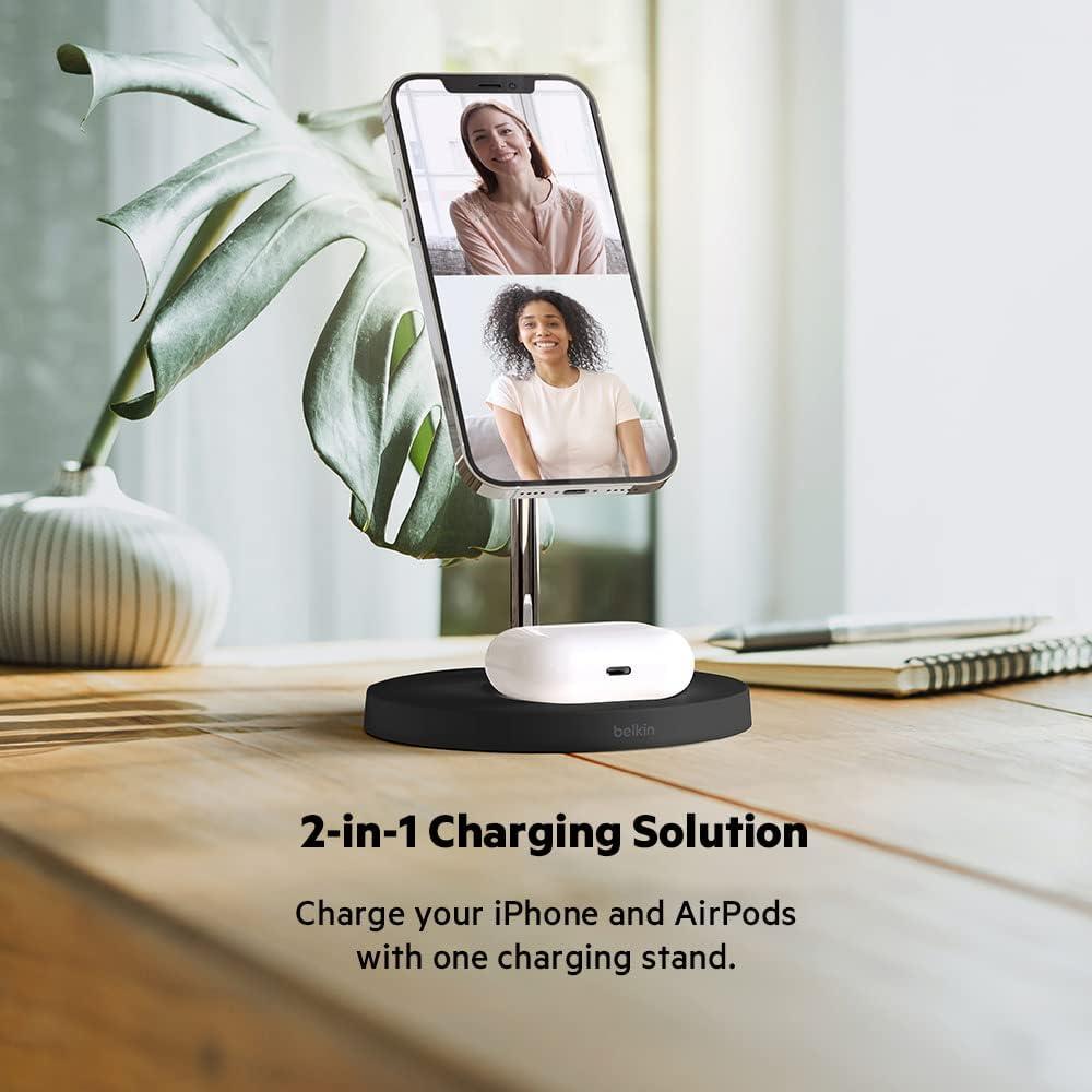 imageBelkin MagSafe 2in1 Wireless Charging Stand for Apple iPhone 16 iPhone 15 iPhone 14 amp iPhone 13 Series amp AirPods MagSafe Fast Charging Station for Multiple Devices WhiteBlack