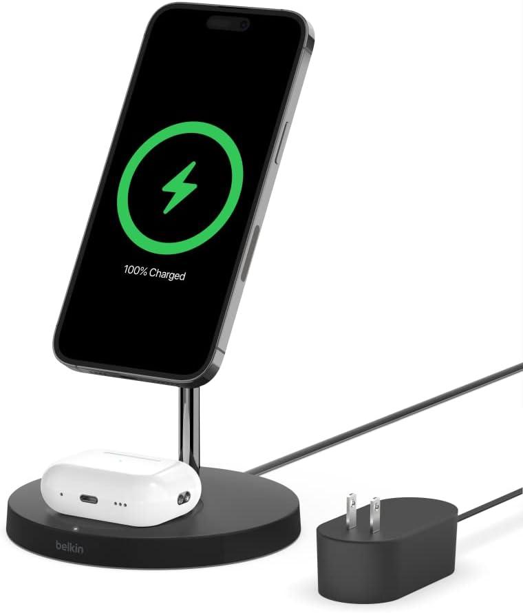 imageBelkin MagSafe 2in1 Wireless Charging Stand for Apple iPhone 16 iPhone 15 iPhone 14 amp iPhone 13 Series amp AirPods MagSafe Fast Charging Station for Multiple Devices WhiteBlack