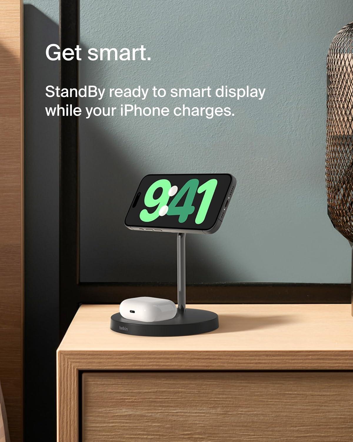 imageBelkin MagSafe 2in1 Wireless Charging Stand for Apple iPhone 16 iPhone 15 iPhone 14 amp iPhone 13 Series amp AirPods MagSafe Fast Charging Station for Multiple Devices WhiteBlack