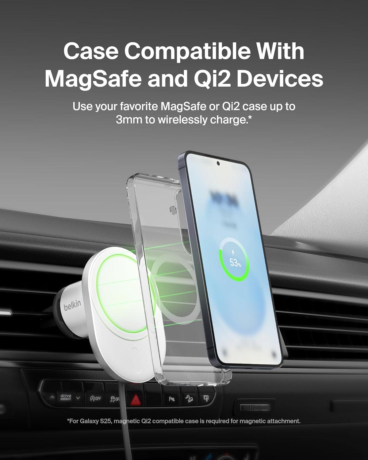 imageBelkin MagSafeCompatible Wireless Car Charger 15W Fast Charging Wireless Charger Powerful Magnetic Vent Holder for iPhone 17 16 15 14 13 Series Pixel 10 Secure Car Phone Mount WhiteCharging Mount New Model