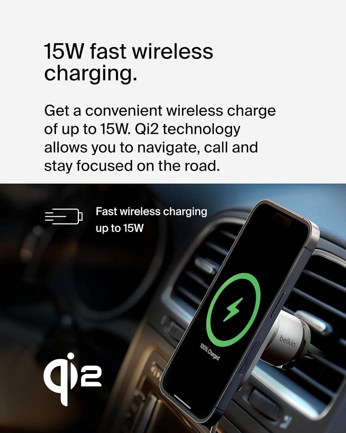 imageBelkin MagSafeCompatible Wireless Car Charger 15W Fast Charging Wireless Charger Powerful Magnetic Vent Holder for iPhone 17 16 15 14 13 Series Pixel 10 Secure Car Phone Mount WhiteCharging Mount New Model