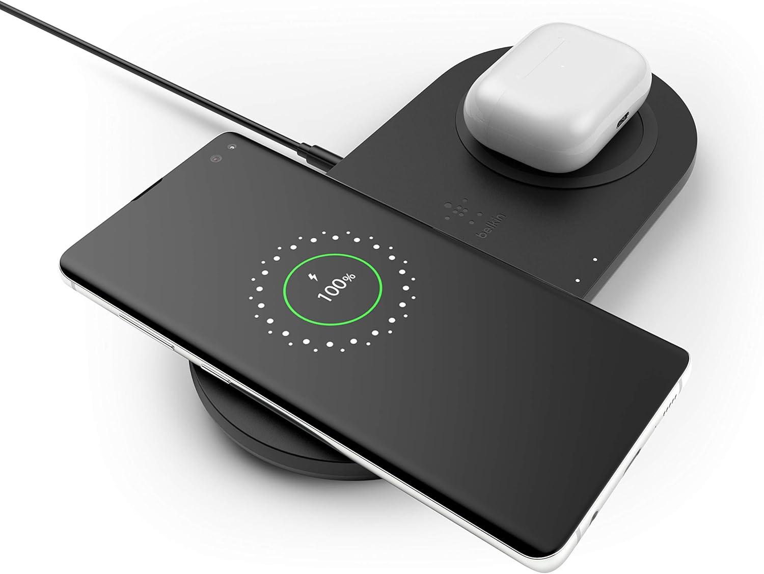 imageBelkin Quick Charge Dual Wireless Charging Pad  10W QiCertified Charger Pad for iPhone Samsung Apple Airpods amp More  Charge While Listening to Music Streaming Videos amp Video Calls  Black