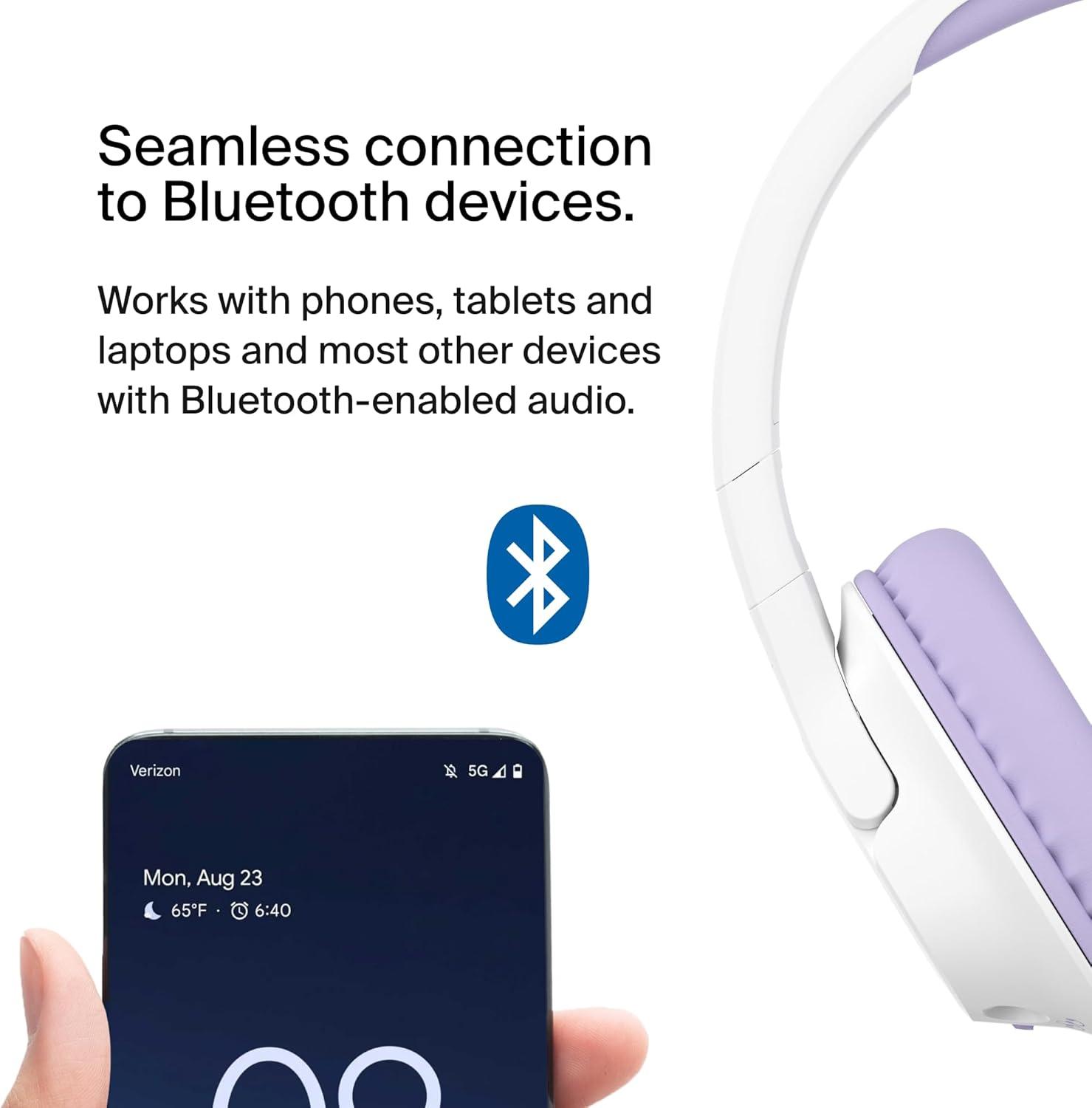 imageBelkin SoundForm Inspire Wireless OverEar Headset for Kids Online Learning amp Travel wBuiltin Microphone 85dB Safe Volume Limit 35H Battery Compatible wiPhone iPad Galaxy amp More LavenderLavender