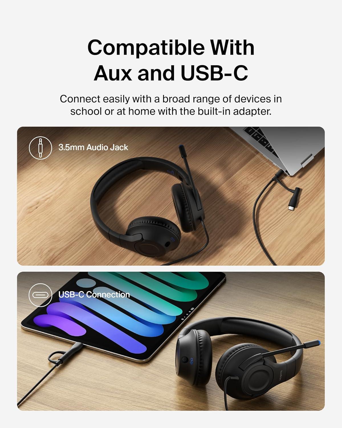 imageBelkin SoundForm Inspire Wireless OverEar Headset for Kids Online Learning amp Travel wBuiltin Microphone 85dB Safe Volume Limit 35H Battery Compatible wiPhone iPad Galaxy amp More LavenderBlack