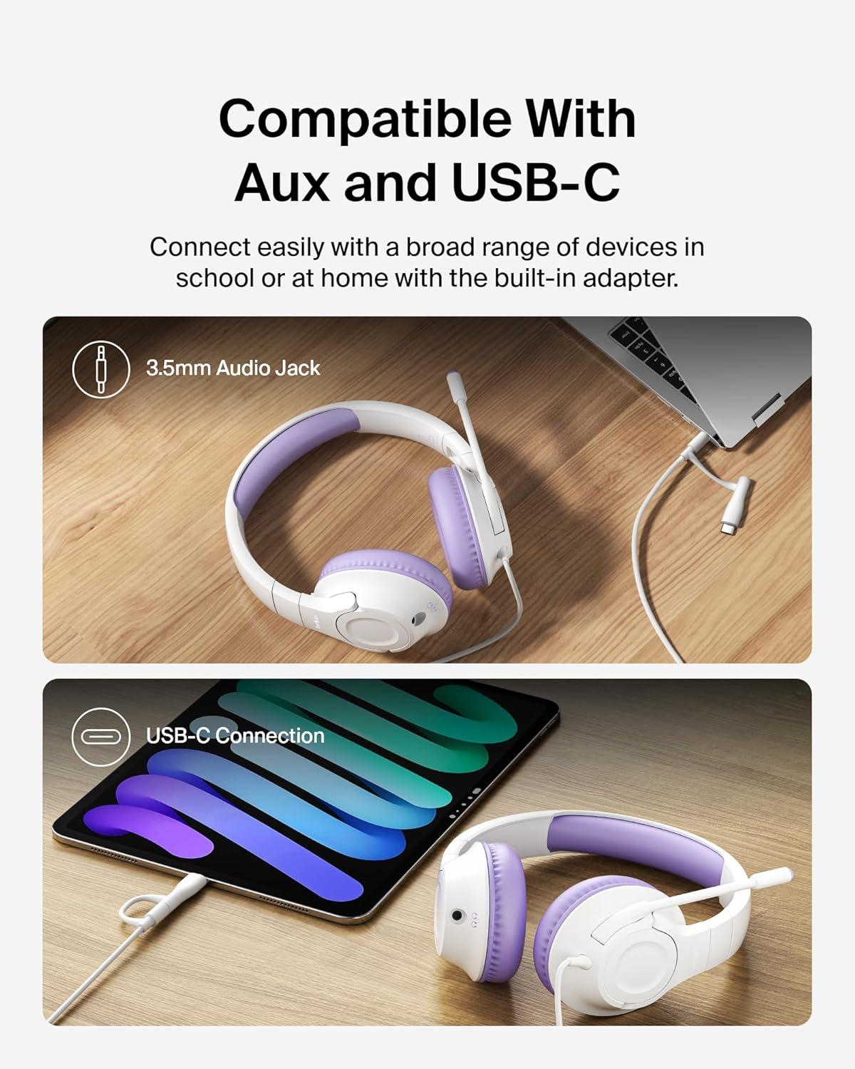 imageBelkin SoundForm Inspire Wireless OverEar Headset for Kids Online Learning amp Travel wBuiltin Microphone 85dB Safe Volume Limit 35H Battery Compatible wiPhone iPad Galaxy amp More LavenderLavender