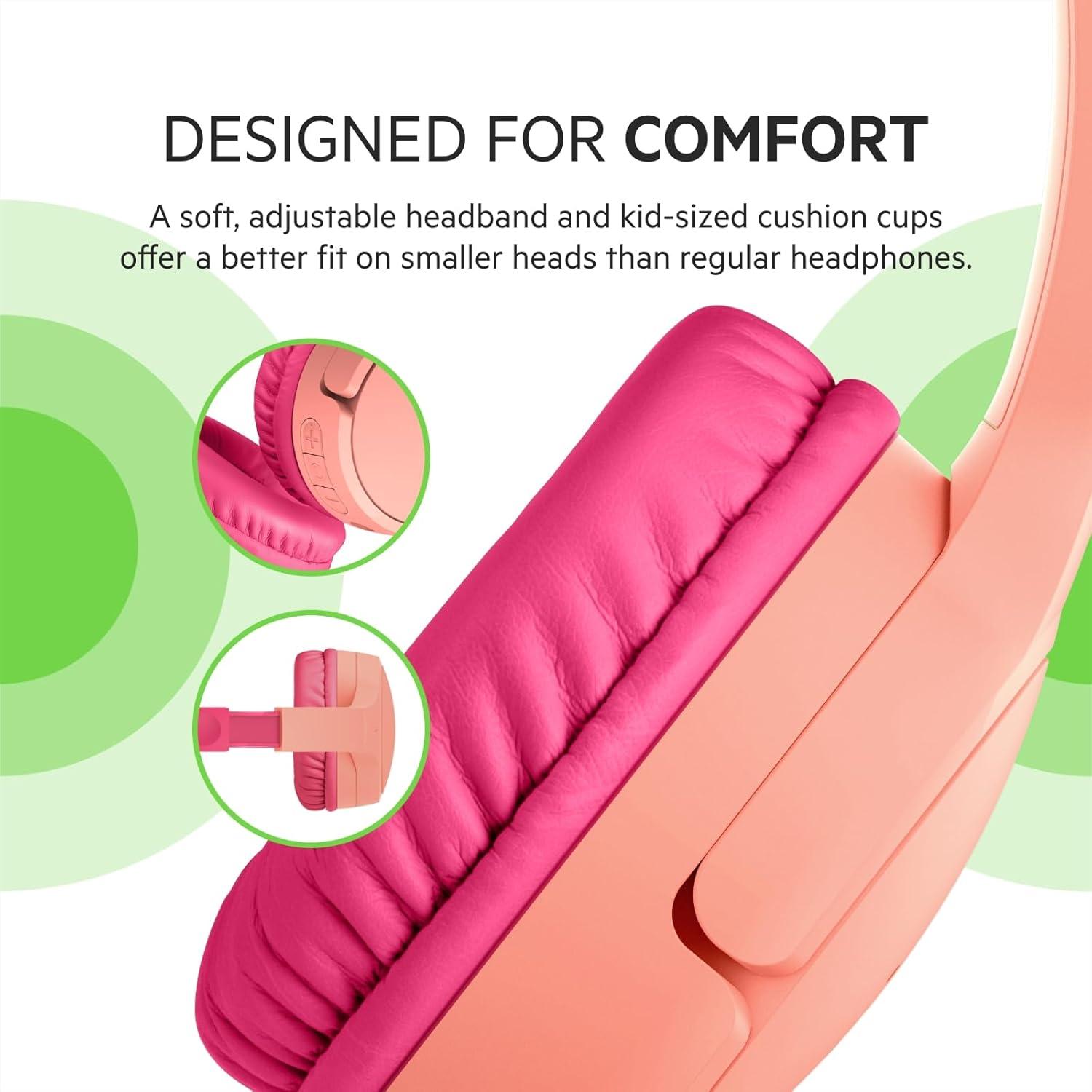 imageBelkin SoundForm Mini Wireless Bluetooth Headphones for Kids with 30H Battery Life 85dB Safe Volume Limit Builtin Microphone Kids OnEar Earphones for iPhone iPad Fire Tablet amp More Pink