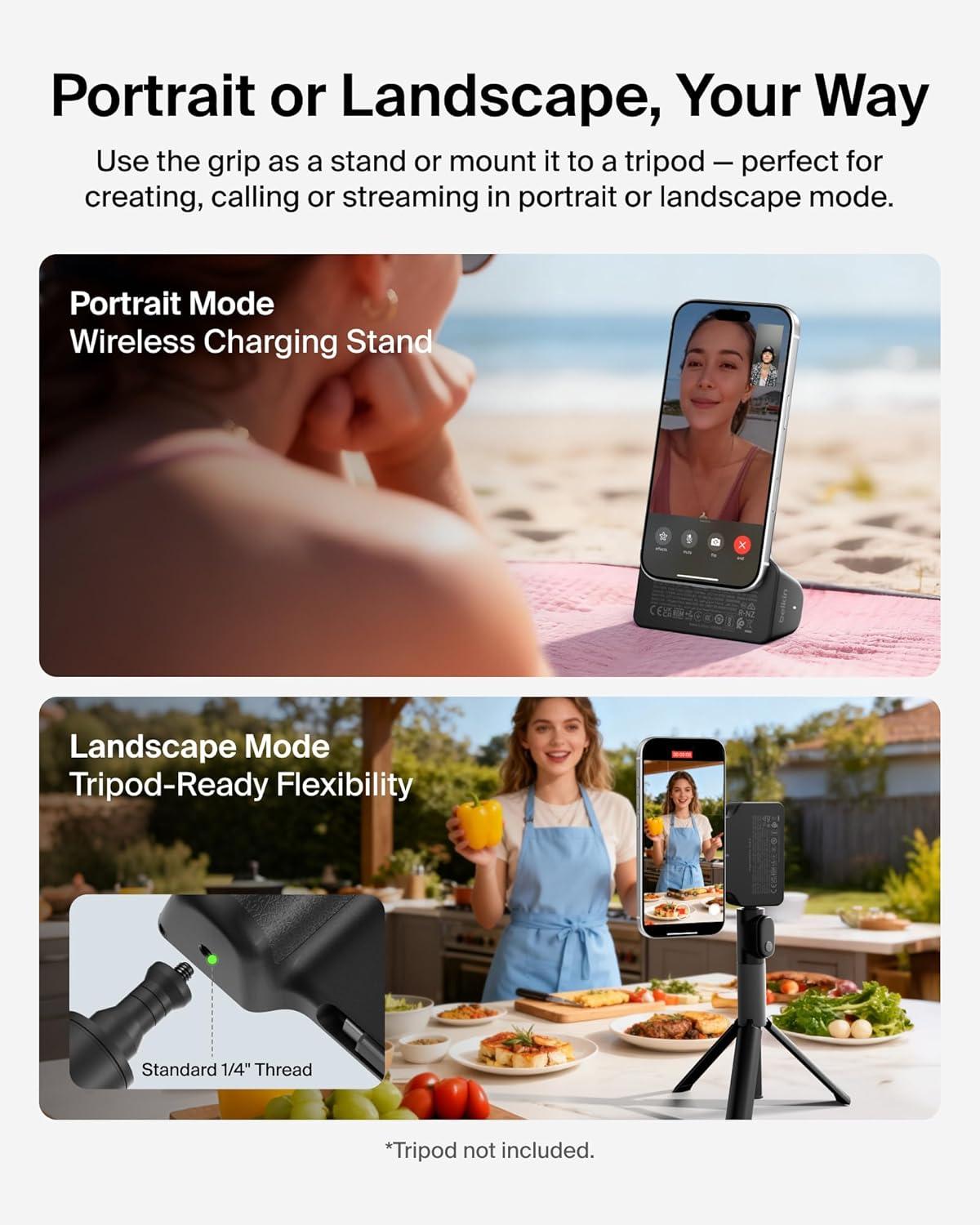 imageBelkin Stage Powergrip Magnetic Wireless Charging Camera Grip 9300mAh Power Bank wRetractable USB C Cable Bluetooth Tripod Attachment LCD Screen Portable Charger for iPhone Google Pixel etc