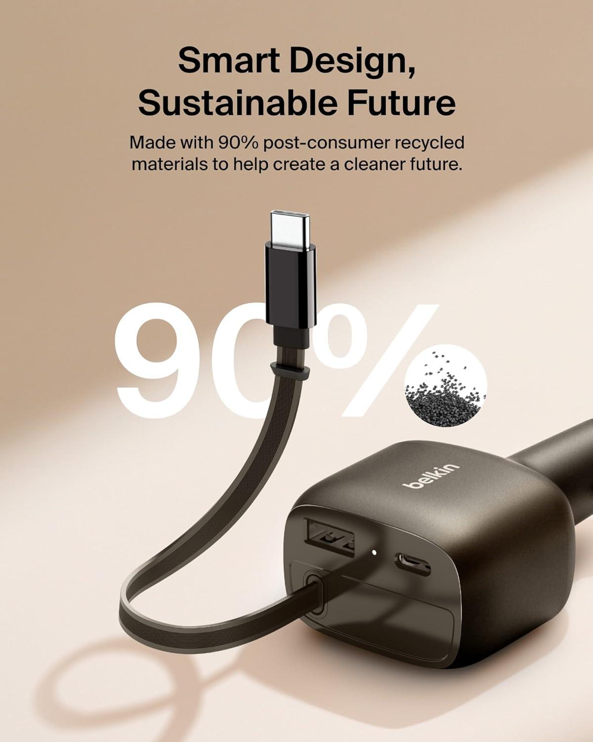 imageBelkin USB C Car Charger 75W w 30in Retractable USB C Cable iPhone Charger Compatible with iPhone 17 amp 16 Series Galaxy S25 Series AirPods Tablet MacBook Chromebook etc Travel Essentials