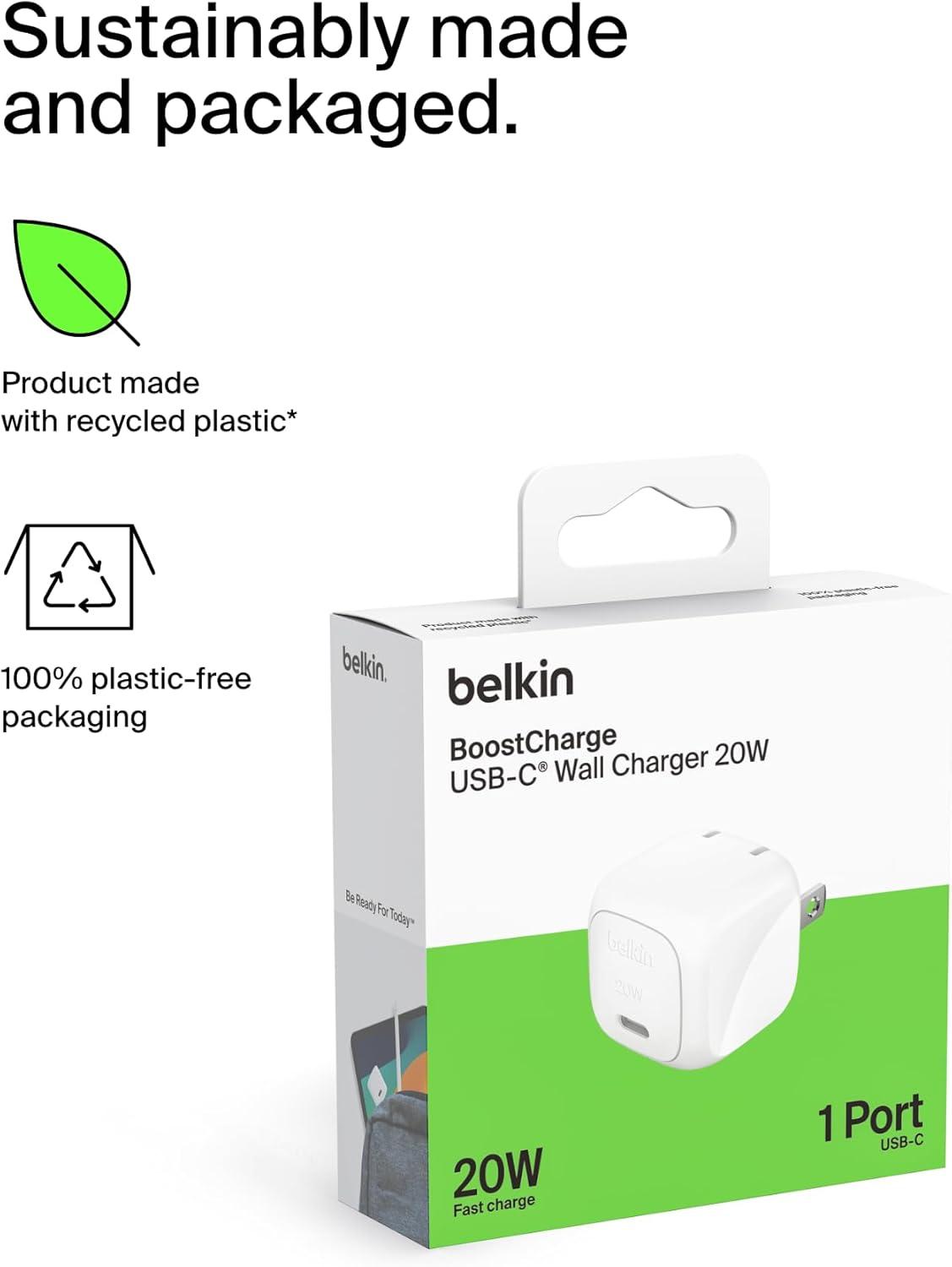 imageBelkin USB C Charger Block 30W USBC PD Super Fast Charging for Apple iPhone 17 Air Pro Pro Max Samsung Galaxy S25 Galaxy S24 iPad AirPods Nintendo Switch 2 Google Pixel 10 etc White20W