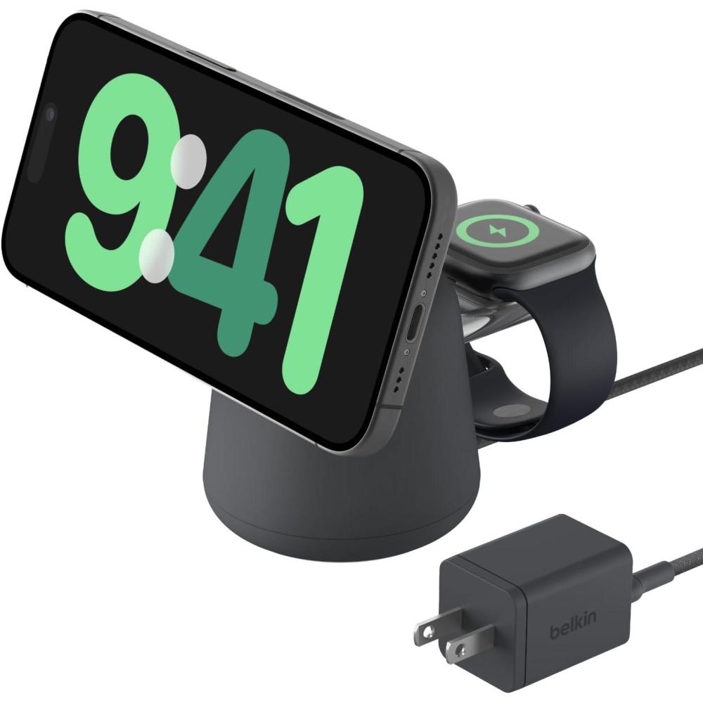 imageBelkin 2in1 MagSafe Wireless Charging Dock 15W Fast Charge iPhone Charger Compatible with iPhone 17 16 15 and 14 Series AirPods Pixel 10 and Other MagSafe Enabled Devices PSU Included  BlackBlack