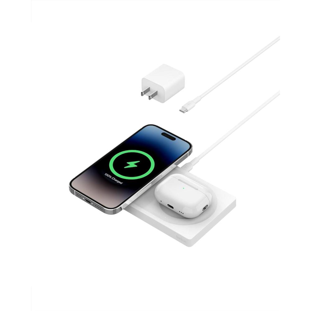imageBelkin 2in1 Wireless Charging Pad with MagSafe 15W Fast Charging iPhone Charger Wireless Charging Station for iPhone 17 16 15 and 14 Series AirPods and Other MagSafe Enabled Devices OrangeWhite