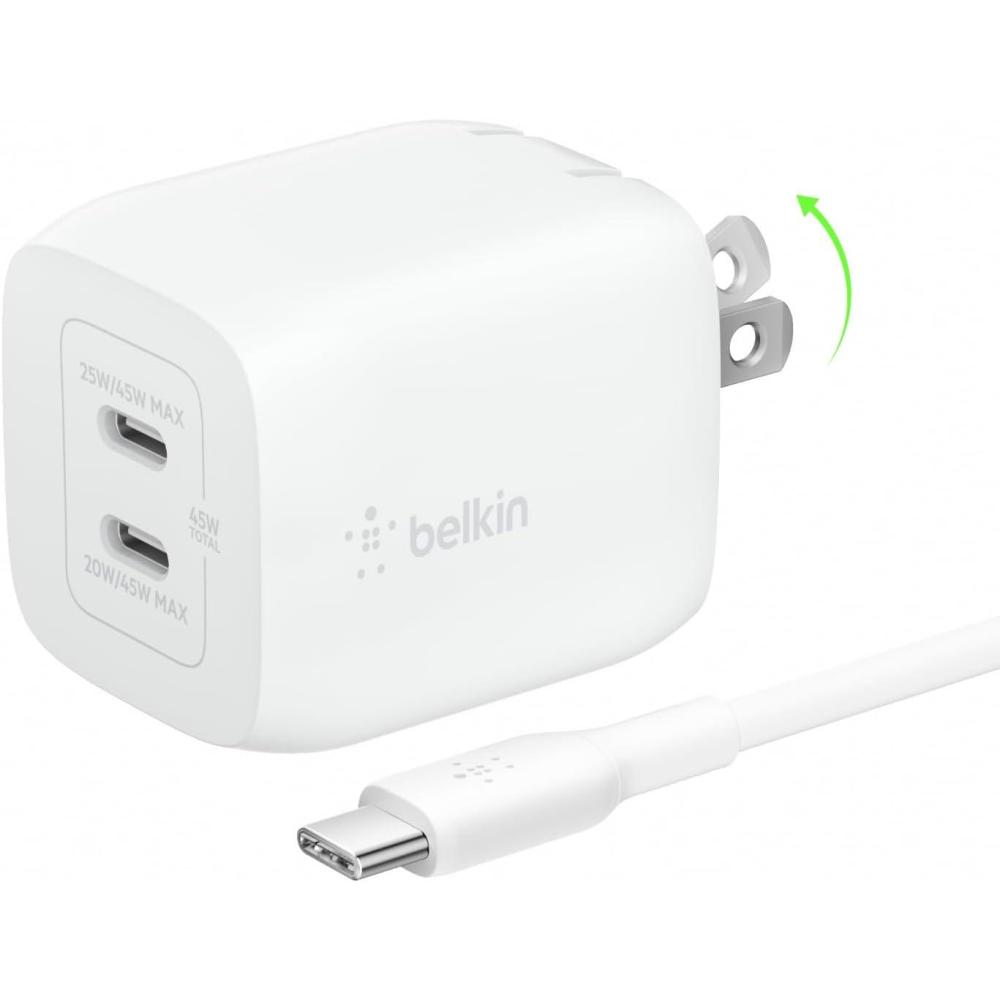 imageBelkin 45W Dual USB C Charger Block Super Fast Charging PD30 w GaN Technology  Samsung Galaxy S25 Apple iPhone 17 Air Pro Pro Max iPad MacBook AirPods Nintendo Switch 2 amp More  White45W White  USBC Cable