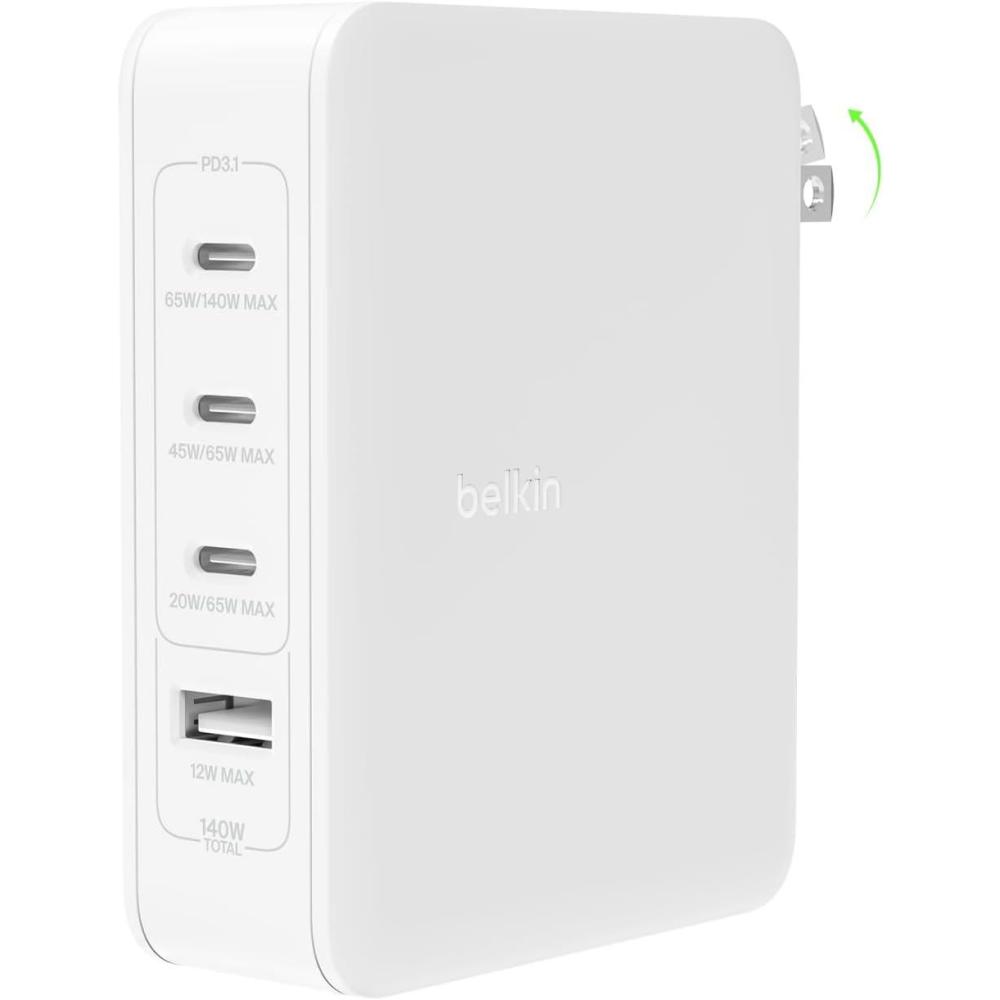 imageBelkin 4Port Charger Block 140W GaN Charger USBC Power Delivery Fast Charge amp USBA Port  MacBook Apple iPhone 17 Air iPad Samsung Galaxy S25 Google Pixel 10 Nintendo Switch 2 amp More  White