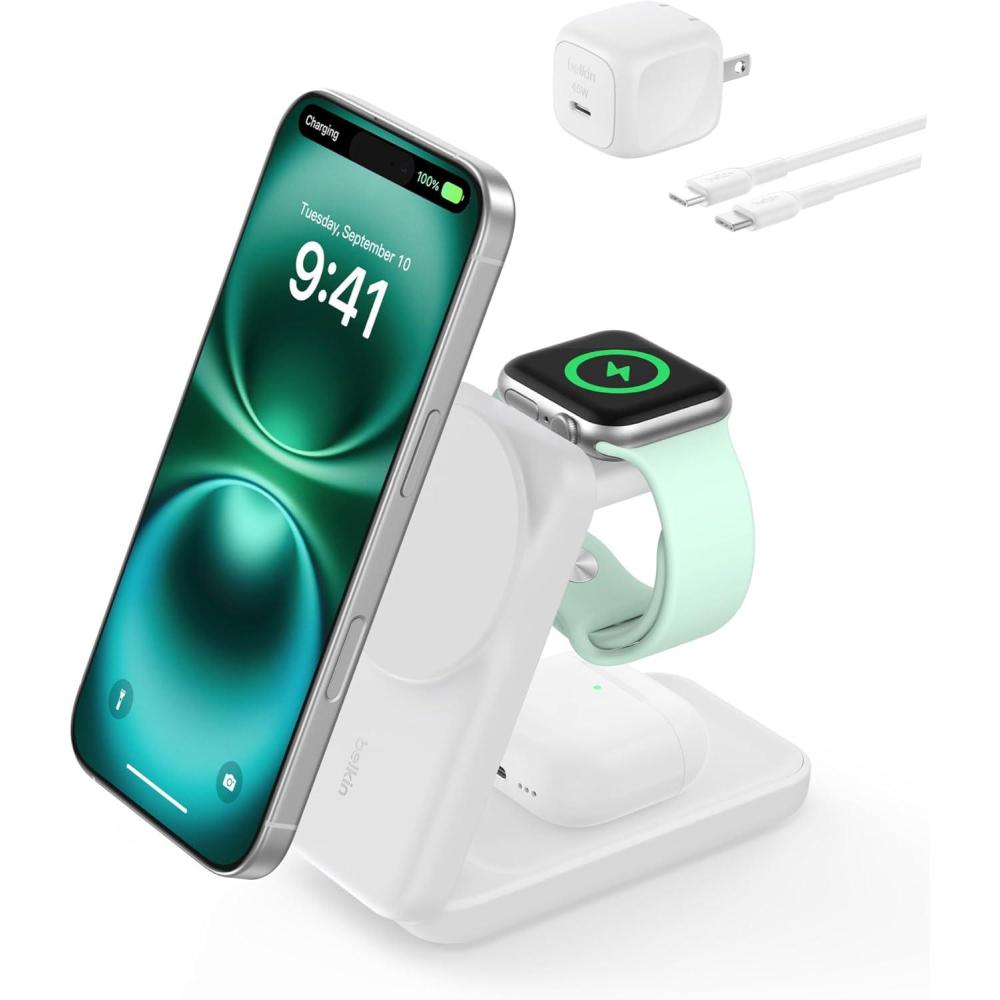 imageBelkin MagSafe Charger Compatible 3in1 Charging Station Qi22 25W Magnetic Wireless Charger Dock Foldable Charging Stand for iPhone 171615 Apple Watch AirPods Pixel 10 45W Adapter IncludedWhite